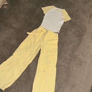 No Boundaries Size XXS (00) Yellow Cargo Wide-Leg parachute Pants AND Baby Tee